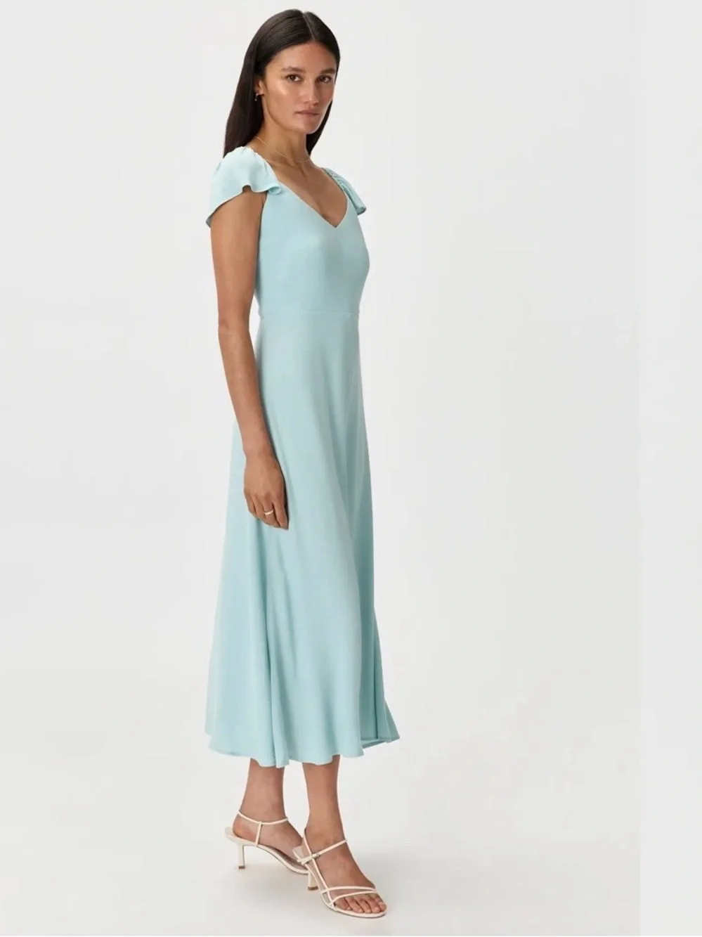 Quince Lightweight Crepe Flutter Sleeve Midi Dress in the shade Aqua Pearl M